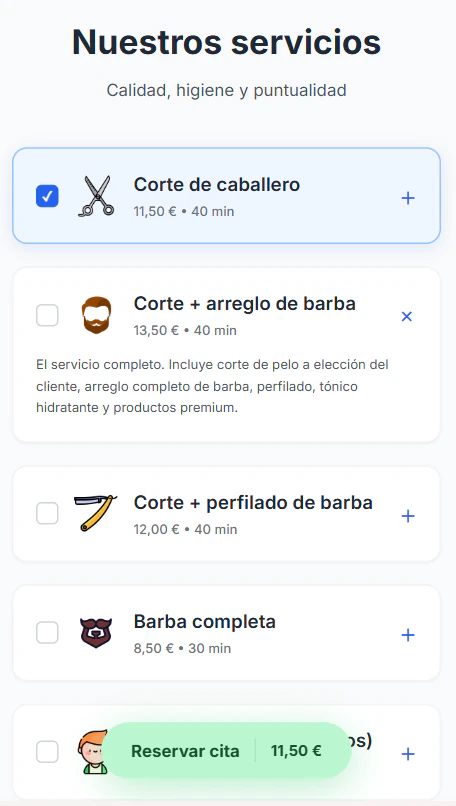 Pantalla de servicios seleccionados del sistema
