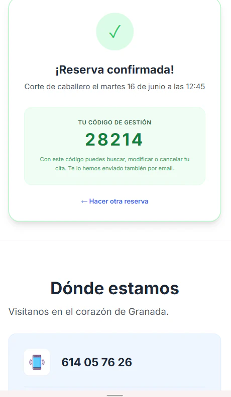 Pantalla de confirmación de reserva del sistema